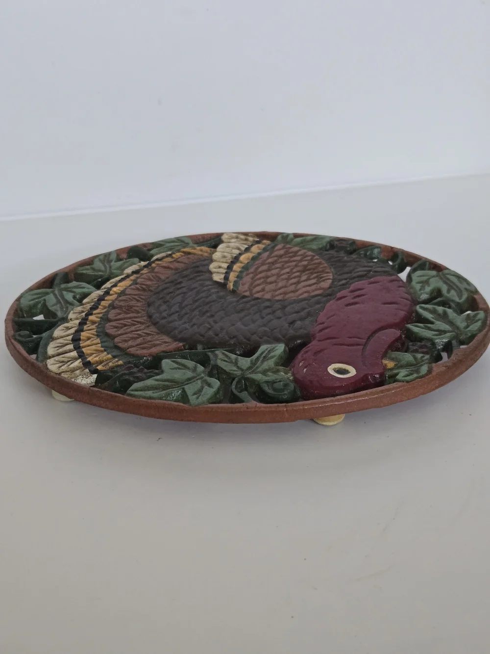 Vintage Painted Cast Iron Turkey Trivet Wall Plaque - Brown, Red, Green, Gold